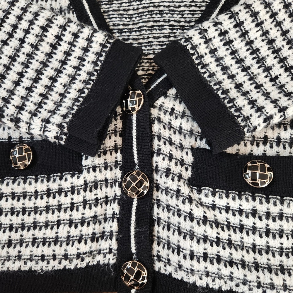 London Kaye Black White‎ Women's Cropped V-Neck Cardigan Buttons Large Office - Picture 9 of 15